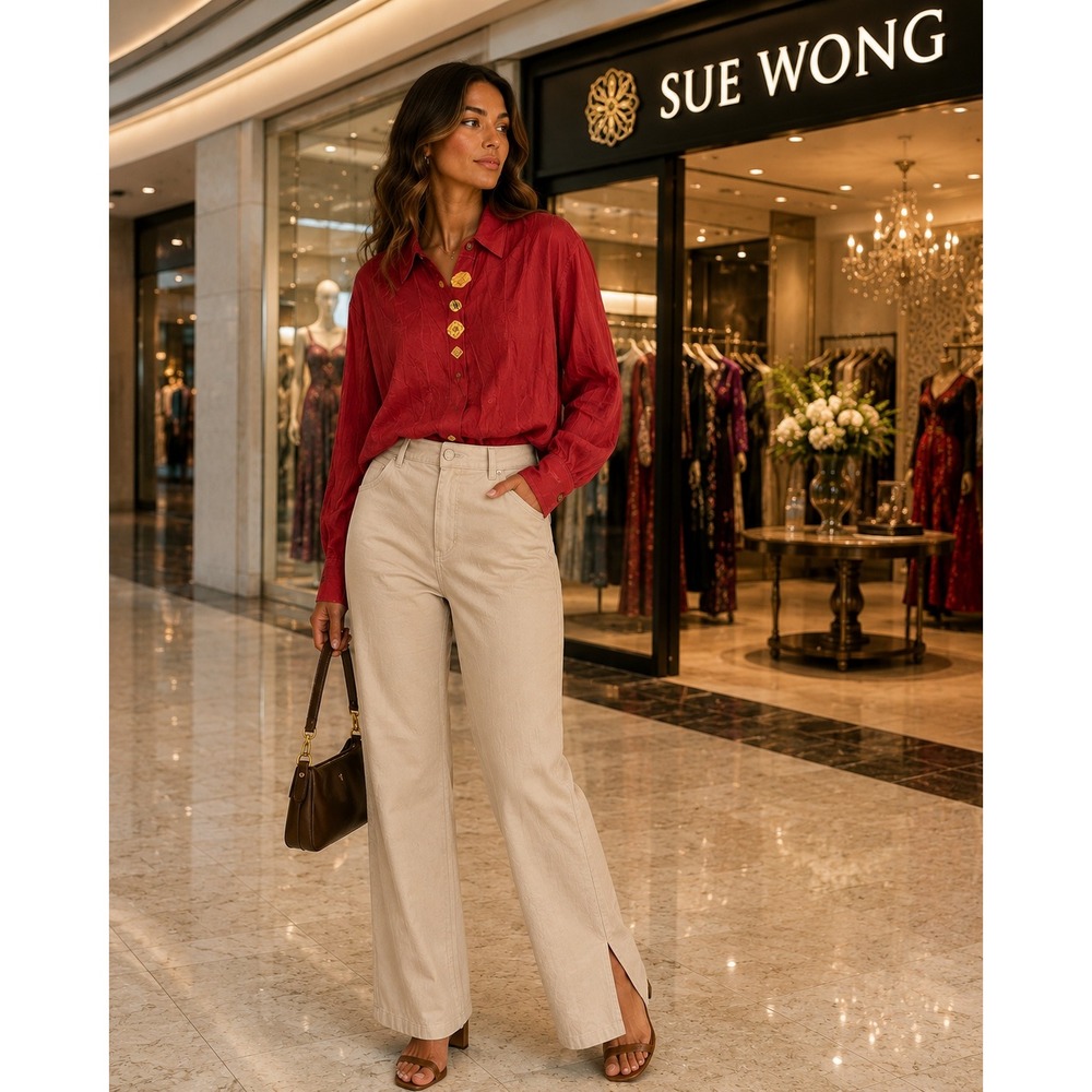 Vintage Sue Wong Red Textured Rayon Blouse Button Front Shirt Womens Medium USA